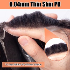 CARA Toupee hair for men 8 X 10 inch 0.04mm Ultra Thin Skin V-loop 100% human hair 120% Medium light to Medium density 1b#, 12pcs lace super tape.