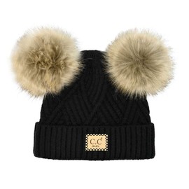 C.C Kids' Babies' Soft Stretch Cable Knit Faux Fur Pom Pom Beanie Hat, Criss Cross Black