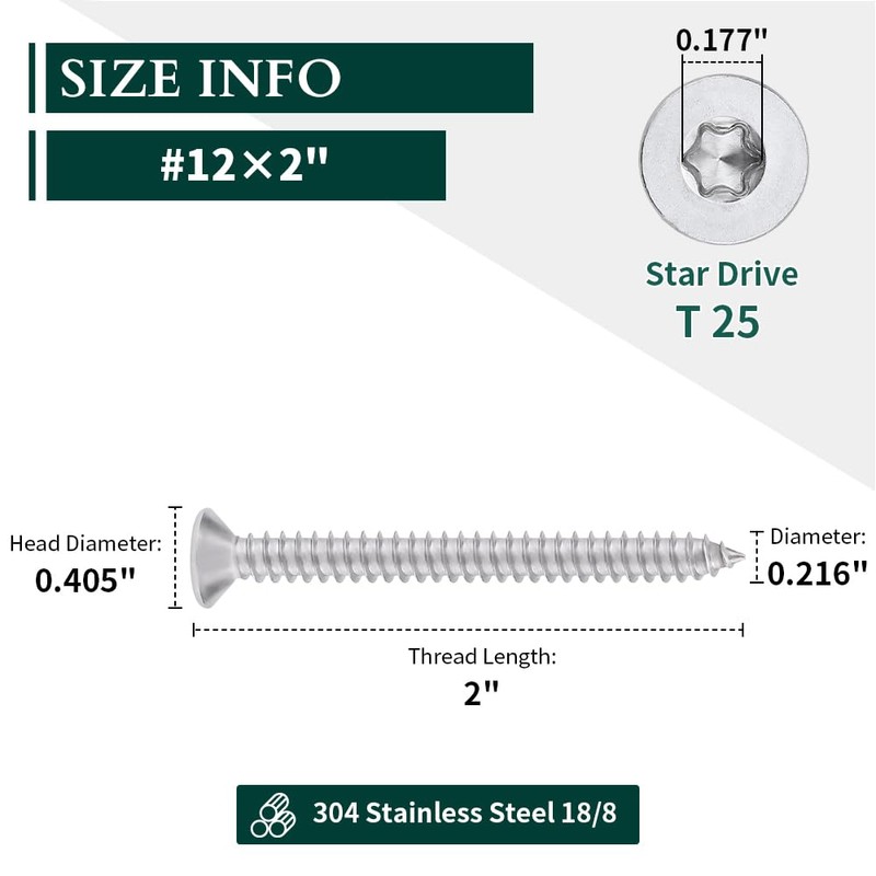 #12 x 2 Flat Head Torx Drive Self Tapping Screws