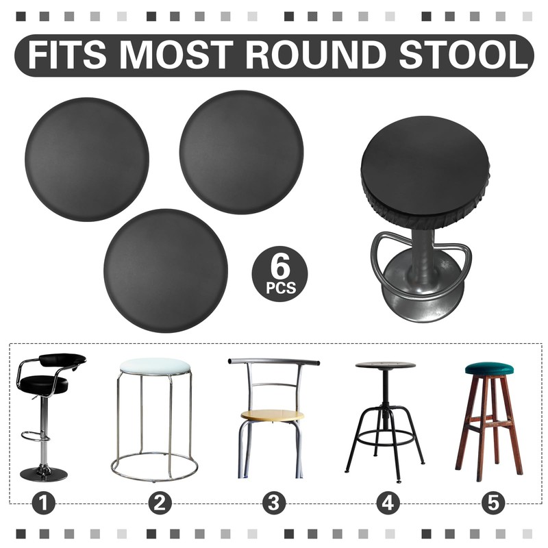 Newwiee 6 Pcs Black Leather Stool Covers Round,Waterproof PU Stretch