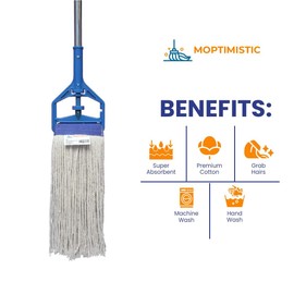 Moptimistic 22oz Cotton Floor Mop Head | Pack of 6 | Blue Color Band | Cut-End Cotton Mop Head Replacement | Durable & Economical | for Home, Industrial and Commercial Use