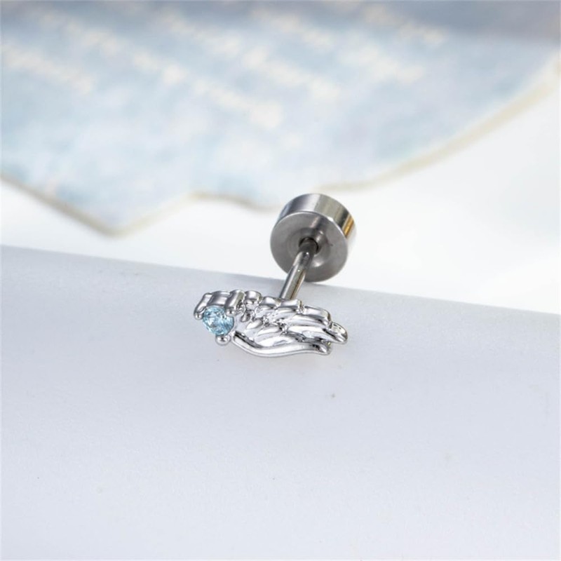 Niaspi 16G Angel Wing Stud Earrings with Blue Rhinestone Screw