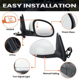 Right Passenger Side Mirror Compatible with Volkswagen Tiguan 2009-2017 Power Glass Heated with Turn Signal Manual Folding 6 Pins (White)