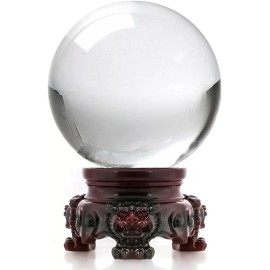 BALL Amlong Crystal 3 inch (80mm) Clear Crystal Ball with Redwood Lion Resin