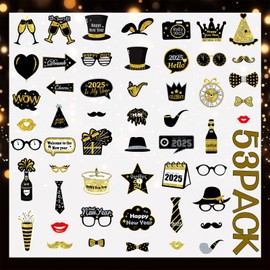 53Pcs Happy New Year Party Photo Booth Props Frame Inflatable New Year's Eve Party Photo Booth Frame and Party Photo Booth Props for New Year's Eve Party Supplies Decorations
