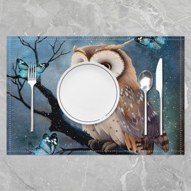 Erosebridal Set of 4 Cartoon Owl Place Mats for Adult Teens Blue Butterfly Table Mats Magic Snowflake Placemats Branch Winter Snow Waterproof Placemats for Dining Table Anti Slip 12x18 Inch, GH1554SXY-CD_45x30x4