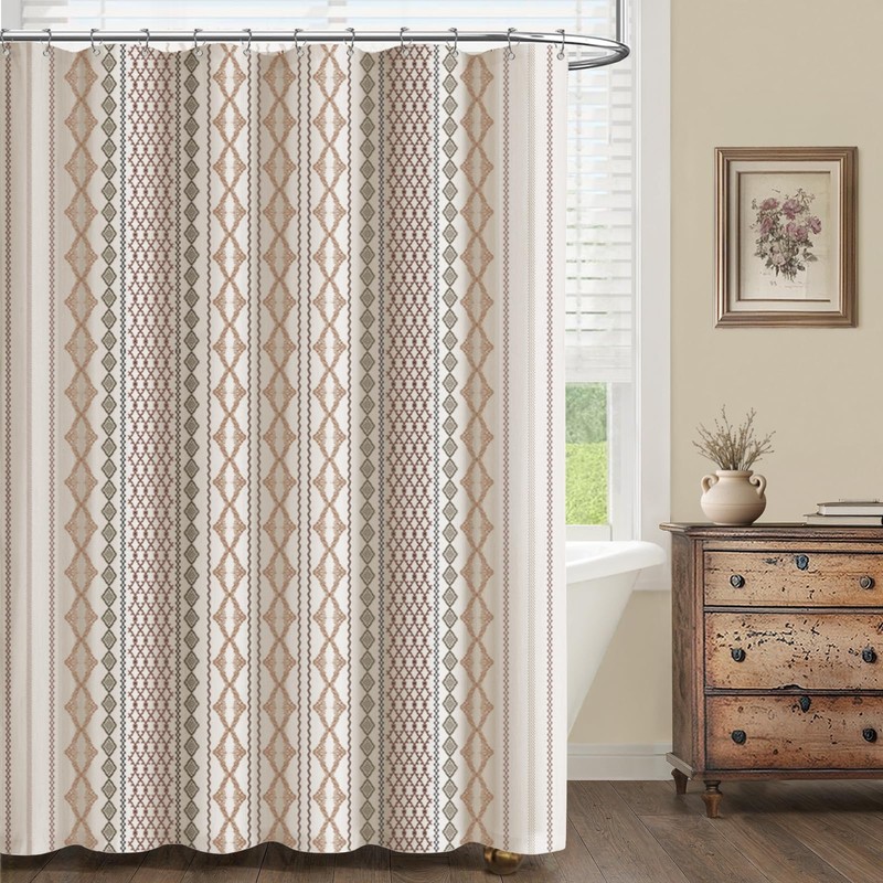 Boho Linen Shower Curtain for Bathroom with Striped Print,72" W