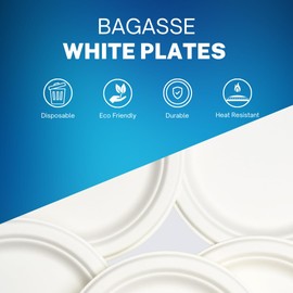 CafeTEq Bagasse Heavy-Duty White Round Plates Super Rigid Disposable Eco Plate Biodegradable & Compostable Perfect for Parties (9" Plates x 50pcs)