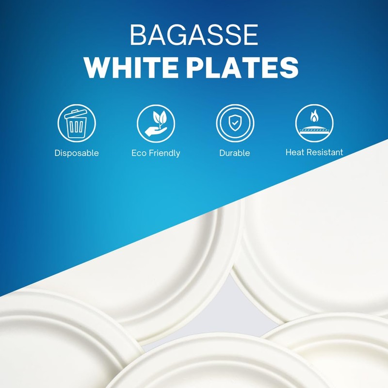 CafeTEq Bagasse Heavy-Duty White Round Plates Super Rigid Disposable Eco
