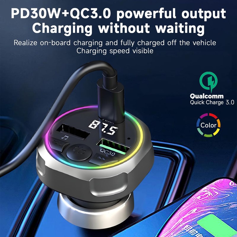 QUMOX Bluetooth 5.3 FM Transmitter Car Charger, PD 30W +