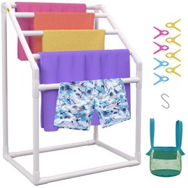VEVOR Pool Towel Rack, 5 Bar, White, Freestanding Outdoor PVC Trapedozal Poolside Storage Organizer, Include 8 Towel Clips, Mesh Bag, Hook, Also Stores Floats and Paddles, for Beach, Swimming Pool