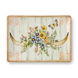 Rosewood 14x10-Inch Rectangular Platter, Western-Inspired Design with Longhorn Horns, Floral Accents & Butterfly, Rustic Wood-Grain Background, Durable Ceramic for Serving & Farmhouse Décor