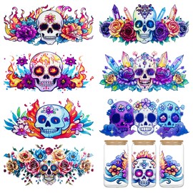 Floral Skull UV DTF Cup Wraps, Colorful Gothic Art Decals with Waterproof Printing, DIY Peel-and-Stick Designs for Tumblers & Mugs (8 Pack)