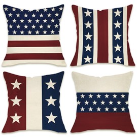Fahrendom 4th of July Patriotic Decorative Throw Pillow Covers 18x18 Set of 4, America USA Rustic Red White Blue Stripes Stars Outdoor Pillowcase, American Independence Day Cushion Case Home Decor