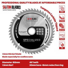 TCT16548T Saxton 165mm x 48t TCT Thin Kerf Cordless Circular Saw Blade Compatible With Dewalt Makita Ryobi Bosch
