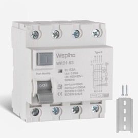 WSPIHO FI Circuit Breaker Type B 63A 30mA 4-Pin RCCB Residual Current Circuit Breaker for EV, Type B, All-Current Intensive for Charger, Electric Car, Wallboxes, Charging Stations