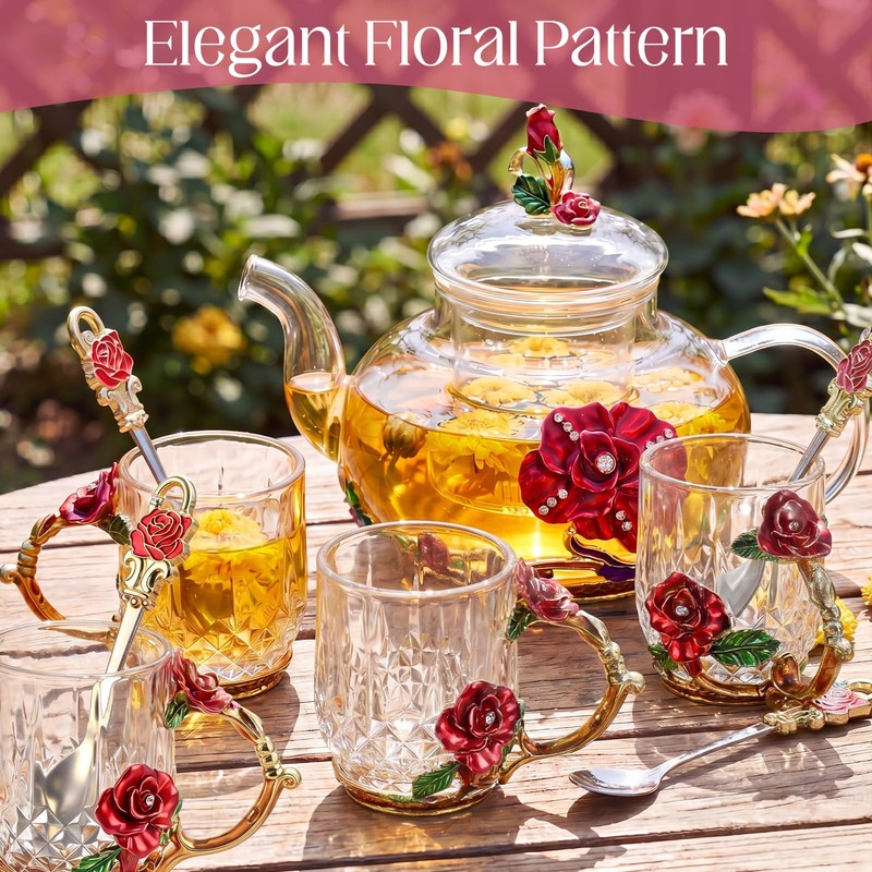 Maxdot 5 Pcs Floral Glass Tea Set, 14 oz Rose