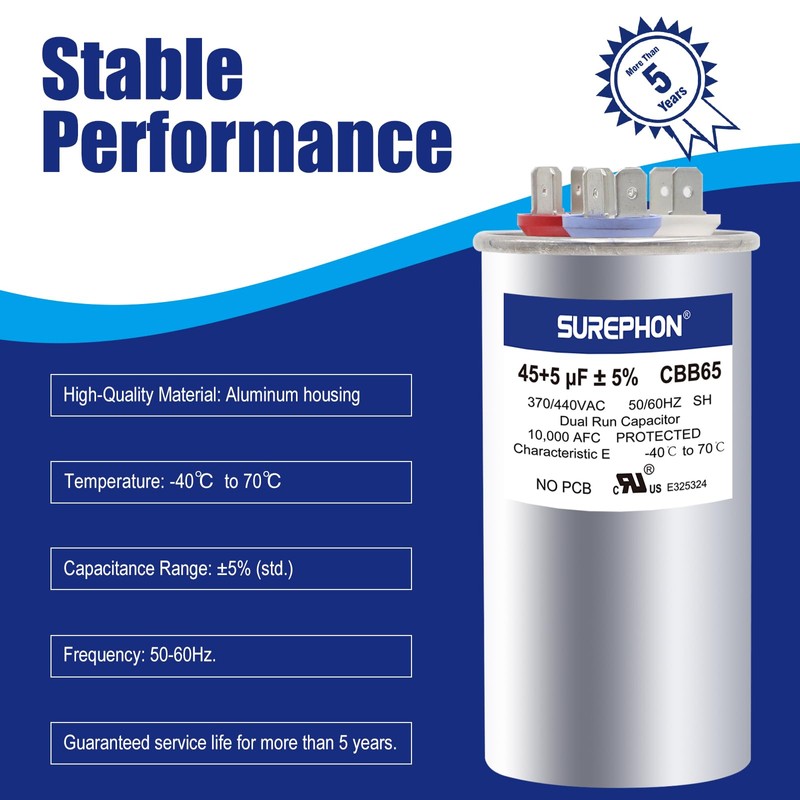 45/5 Mfd Ac Capacitor 370V or 440V 50/60Hz CBB65B Air