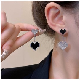 Aneneiceera Vintage Black Crystal Heart Earrings Onyx Heart Stud Earrings Black Enamel Heart Dangle Earrings Rhinestone Cz Heart Shape Earrings Jewelry for Women Gifts