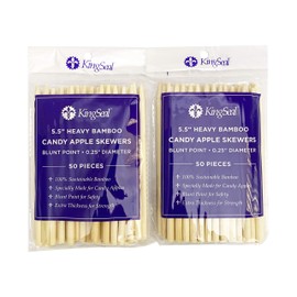 100 Count | KingSeal Natural Bamboo Wood Candy Apple Skewers, Sticks, 5.5 Inch x 6.5mm diameter, Blunt Point for Safety, Retail Pack - 2 Packs of 50 (100 Count)