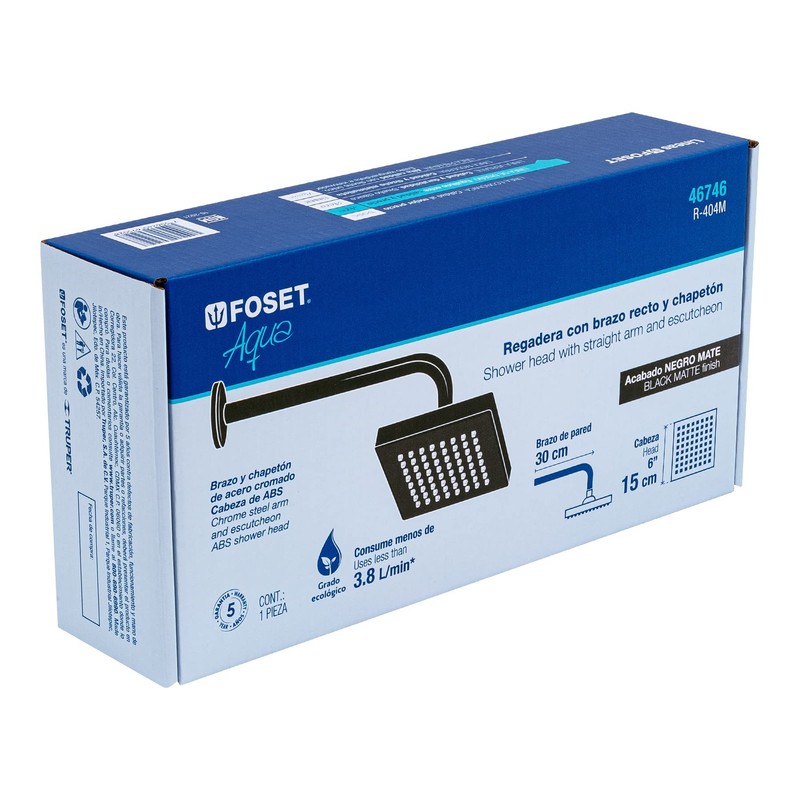 Foset Aqua R-404M Regadera cuadrada 6" acabado negro mate con