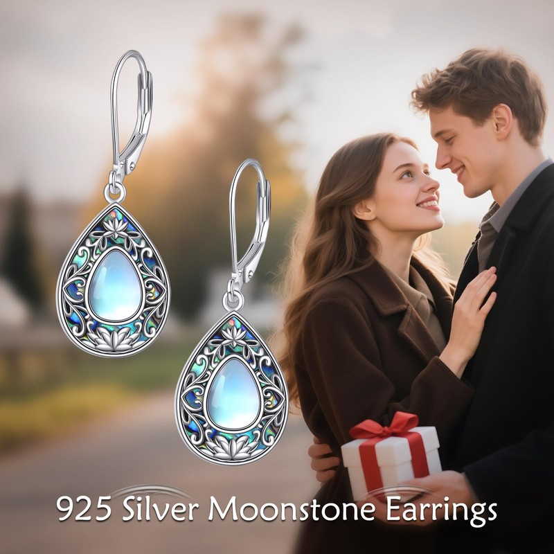 Vadmans Moonstone Teardrop Earrings Sterling Silver Abalone Shell Vintage Filigree