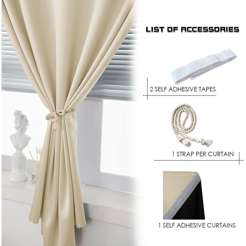 AJAZZ 100% Blackout Curtains for Bedroom Self Adhesive Curtains Temporary