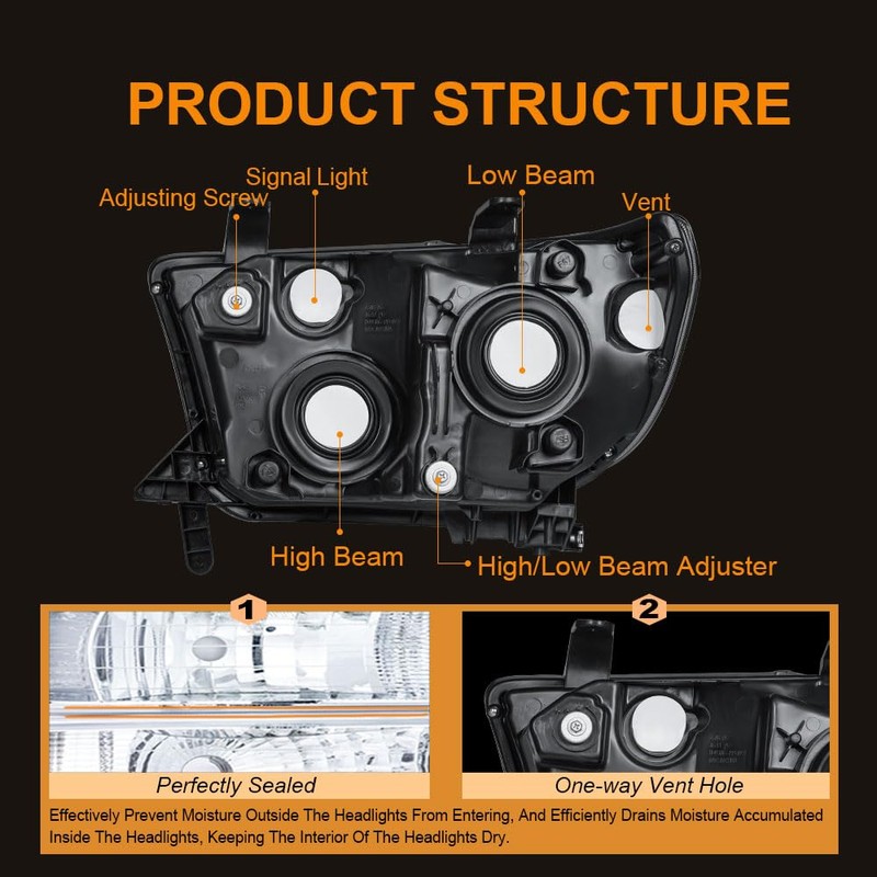 DimFlux Headlight Assembly, Compatible with 2007-2013 Toyota Tundra/2008-2017 Sequoia Replacement