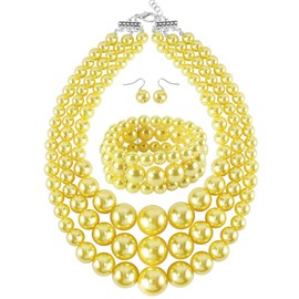 KOSMOS-LI 3 Layer Simulated Yellow Pearl Statement 18" Necklace Bracelet and Earrings Women Jewelry Sets