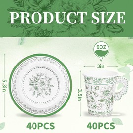 Whaline 80 Pcs Green White Floral Paper Tea Cups and Saucers Chinoiserie Flower 9oz Disposable Teacups with Handle and Dessert Plates for Wedding Birthday Spring Tea Party