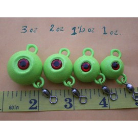 Unbranded 12 PCS.FLUKE EAR BALL JIGS CHARTREUSE/RED EYE & #3 SWIVEL 3,2,1-1/2,1 OZ. 3 EACH
