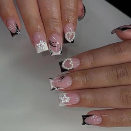 24 Pcs Black White French Press on Nails Short Square - WLGDLH Fake Nails Pink False Nails with Star Rhinestone Heart Pearl Designs Glossy Nail Tips Full Cover Stick on Nails for Women Acrylic Nails