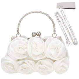 kilofly Missy K 7 Roses Clutch Purse, Satin, with Clasp Closure - Off white, with kilofly Money Clip