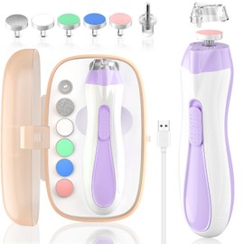 Baby Nail File Electric Baby Nail Care Set with LED Light, Baby Nail Clipper Electric for Newborn/Infants/Adults Toenails and Fingernails, 7 Grinding Head Replacement Pads, Purple