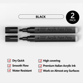 TFIVE Black Paint Marker Paint Pens - 2 Pack Acrylic Permanent Marker, 2-3mm Medium Tip, Paint Pen for Art Projects, Drawing, Rock Painting, Ceramic, Glass, Wood, Plastic, Metal, Canvas DIY Crafts