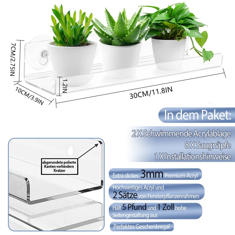 2-Pack 12 Inch Window Plant Shelves - Acrylic Suction Cup
