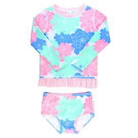 RuffleButts® Baby/Toddler Girls Pastel Floral Long Sleeve UPF 50+ Rash Guard Bikini Swimsuit - 6-12m