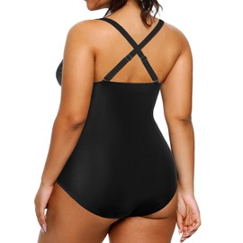 Aqua Eve Women Plus Size One Piece Swimsuits V Neck Tummy Control Bathing Suits Retro Ruched Swimwear Solid Black 20 Plus