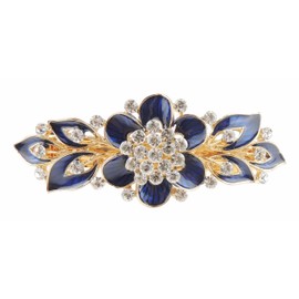 Ladies Enamel & Diamante Evening Occasion Stencil Hair Barrette Clip Leaves & Flower Blue