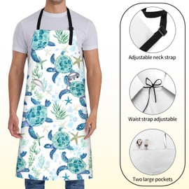 ainori Sea Turtle Apron for Women with Ocean,28x33in,Starfish Kitchen Aprons with 2 Pockets,Oxford Fabric,Coral Adjustable Apron for Cooking Baking Gardening Beach Chef,Gifts for Mom Wife