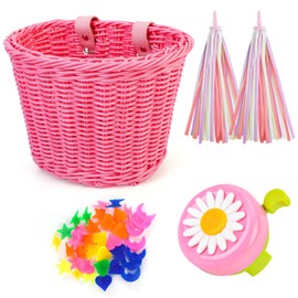 Oumers Kids Bicycle Basket Set, Kids Bicycle Bell and Streamers, Balance Bike Decoration Accessories, Bicycle Basket, Wheel Spoke Beads for Girls (Pink)