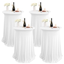 REWOMC 4 Packs Round Cocktail Table Skirt 32"x 43" Spandex Stretch Cocktail Tablecloth with Wavy Drapes, White Spandex Fitted High Top Table Covers for Wedding Bar Party Birthday Banquet Table