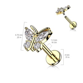 Pierced Owl 16GA 316L Stainless Steel CZ Crystal Butterfly Internally Threaded Flat Back Stud (Silver Tone)