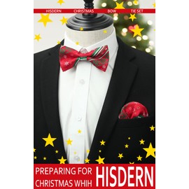 HISDERN Men's Christmas Classic Pre-Tied Bow Tie and Pocket Square Set, Wedding Party Accessories -