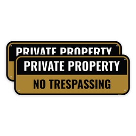 2PC Private Property No Trespassing Sign, 10 x 3.5 Inches - Aluminum - Black Gold - Metal No Tresspassing Small Sign