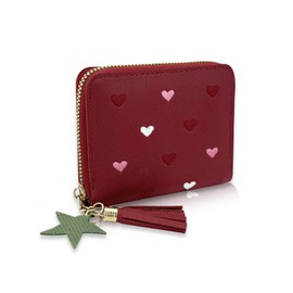 WisePoint Women's Wallet PU Leather Wallet with Card Slots and Compartments, Lady Credit Card Holder with Star Pendant, Plain Purse with Embroidery Heart Pattern, red, Minimalist