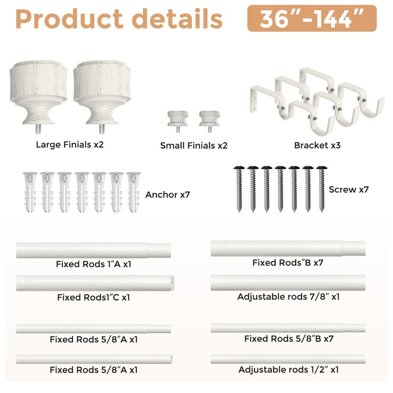 Wolistsa White Double Curtain Rods for Windows 72 to 144