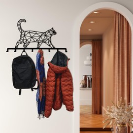 SUSSEXHOME Cat Geometric Animal Themed Wall Mounted Coat Rack with 6 and 8 Folding Hooks, Wall Mount Hanger for Bathroom Entryway Living Room Bedroom (80x66cm (32"x26") 8 Folding Hooks)