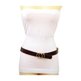 Unbranded Women Brown Faux Leather Strap Hip High Waist Belt Gold Metal Circles Buckle M L
