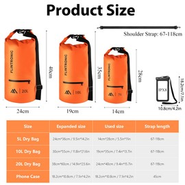 flintronic Dry Bag, 20L Waterproof Dry Bag with Shoulder Straps, Dry Sack with Waterproof Phone Pouch for Swimming Boating Hiking Rafting Fishing, Orange